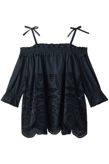 MUVEIL ミュベール 【MUVEIL WORK】インドシフリー刺繍入りオフショルブラウス ネイビー