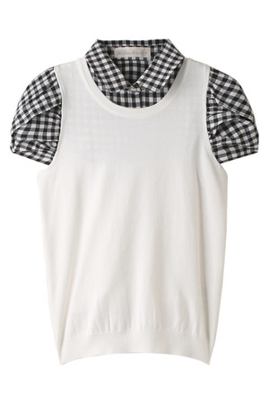  31 Sons de mode トランテアン ソン ドゥ モード 襟付き袖ギンガム半袖プルオーバー オフホワイト 