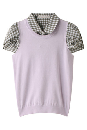  31 Sons de mode トランテアン ソン ドゥ モード 襟付き袖ギンガム半袖プルオーバー ラベンダー 