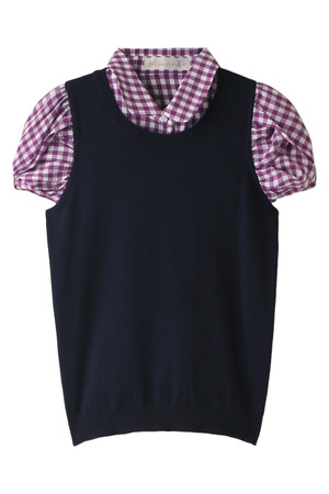  31 Sons de mode トランテアン ソン ドゥ モード 襟付き袖ギンガム半袖プルオーバー ネイビー 