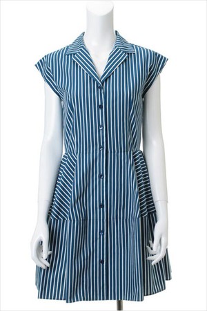 SALE 【17%OFF】 31 Sons de mode トランテアン ソン ドゥ モード マルチストライプ開襟シャツワンピース ブルー 