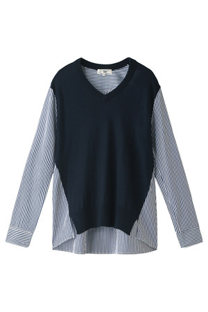  SALE 【30%OFF】 HARRISS ハリス Vネック布帛コンビシャツ ネイビー 