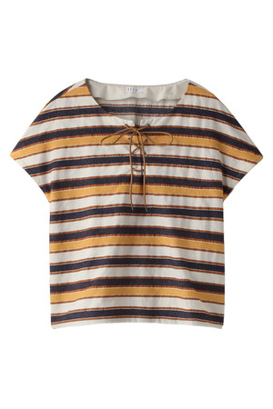  ELLE エル アパレル レースアップボーダーブラウス ネイビー 