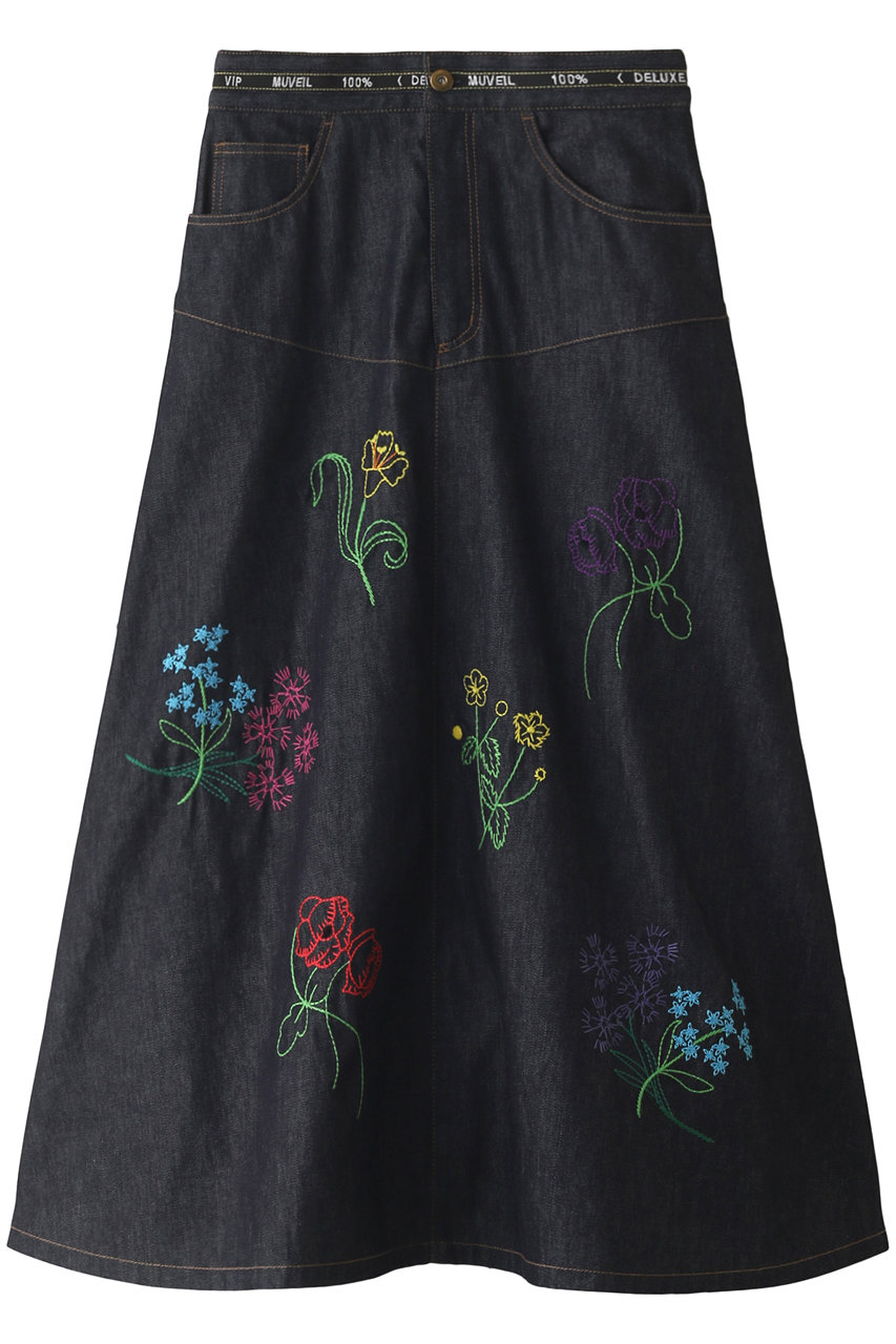 ミュベール/MUVEILのフラワー刺繍デニムスカート(ネイビー/MA224FS001)