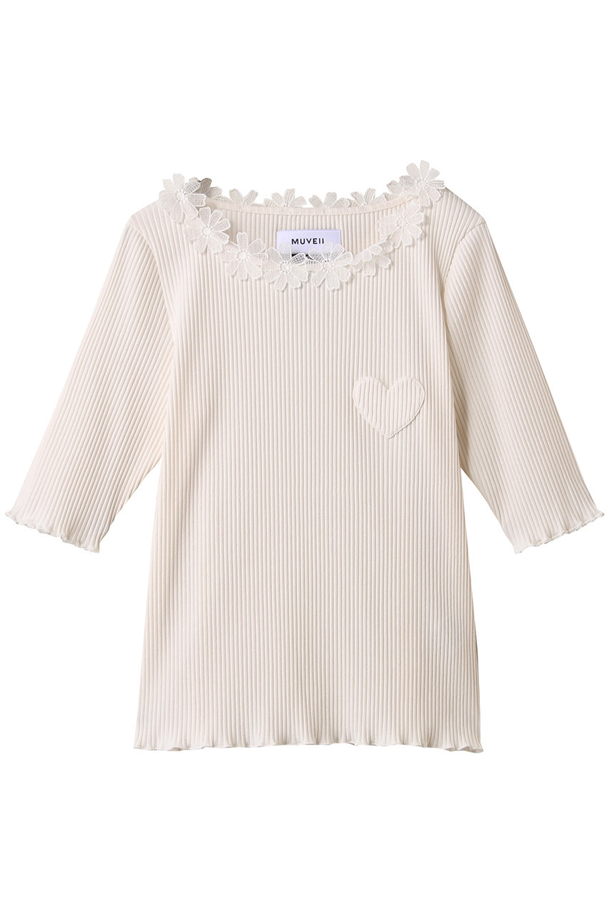MUVEIL フラワーレース付きハートパッチTシャツ (ホワイト, 38) ミュベール ELLE SHOP MUVEIL フラワーレース付きハートパッチTシャツ (ホワイト, 38) ミュベール ELLE SHOP