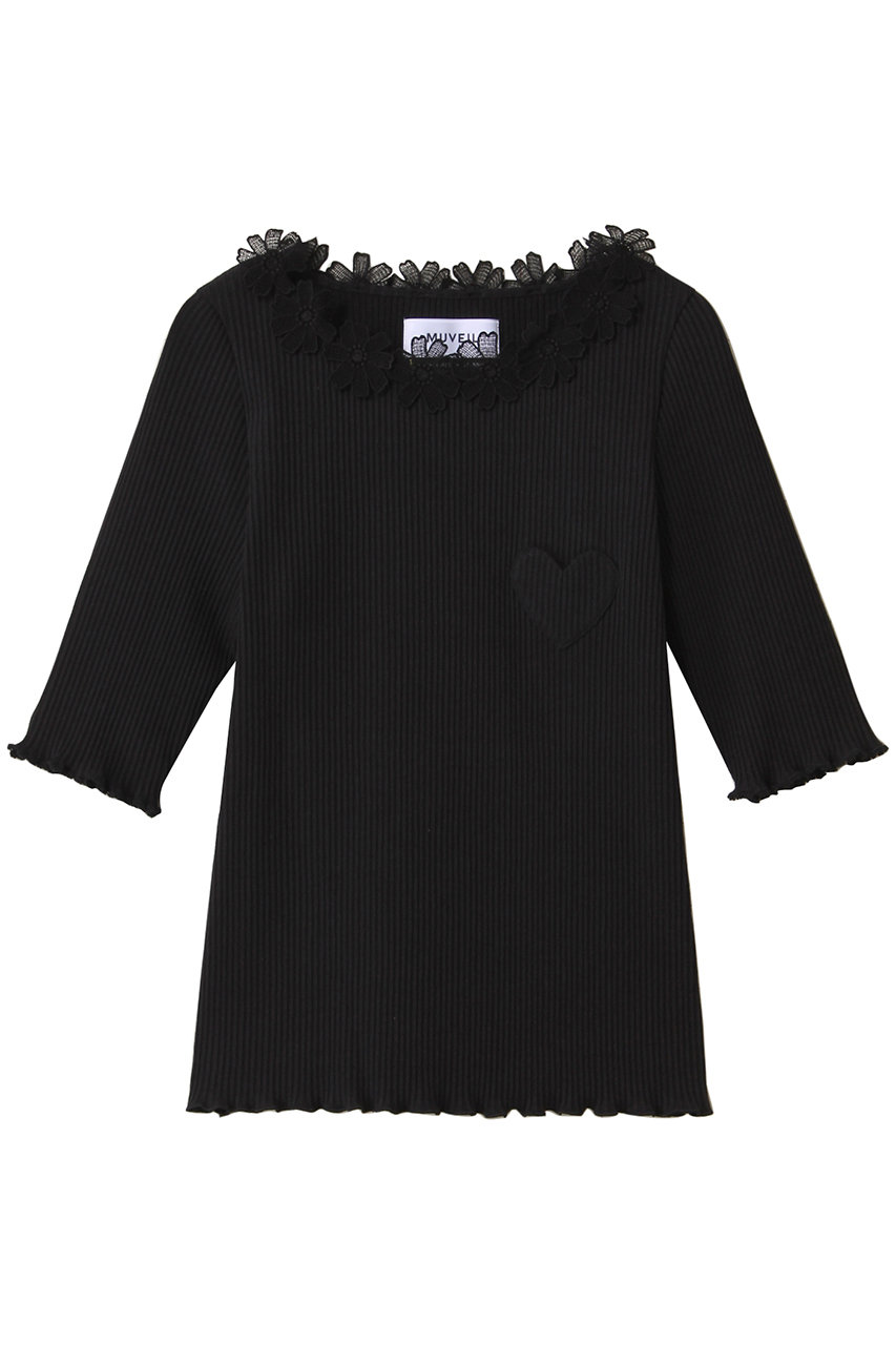 MUVEIL フラワーレース付きハートパッチTシャツ (ブラック, 36) ミュベール ELLE SHOP MUVEIL フラワーレース付きハートパッチTシャツ (ブラック, 36) ミュベール ELLE SHOP