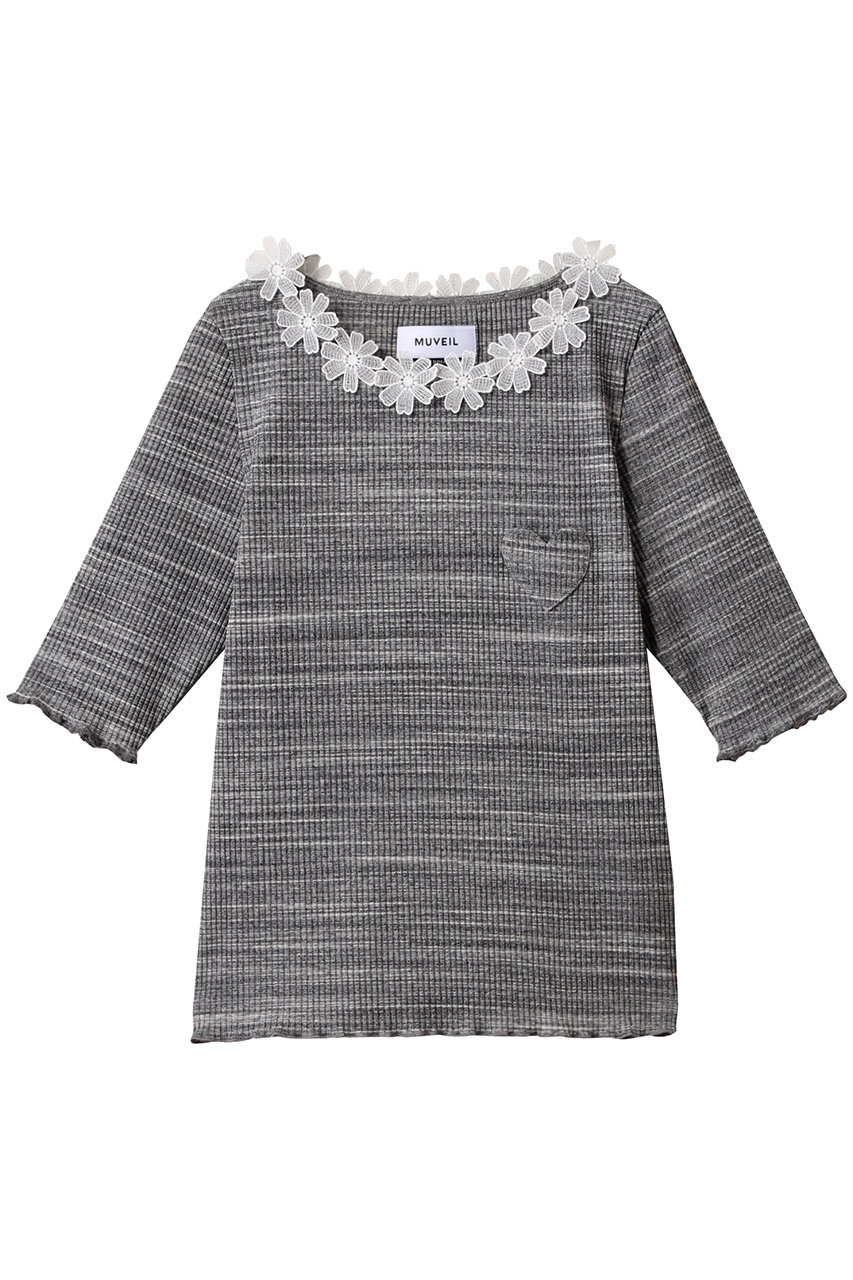 MUVEIL フラワーレース付きハートパッチTシャツ (グレー, 36) ミュベール ELLE SHOP MUVEIL フラワーレース付きハートパッチTシャツ (グレー, 36) ミュベール ELLE SHOP
