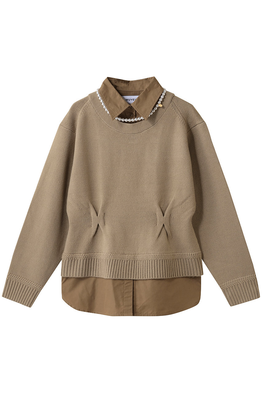 MUVEIL パールネックレス付きシャツニットプルオーバー (ベージュ, 38) ミュベール ELLE SHOP