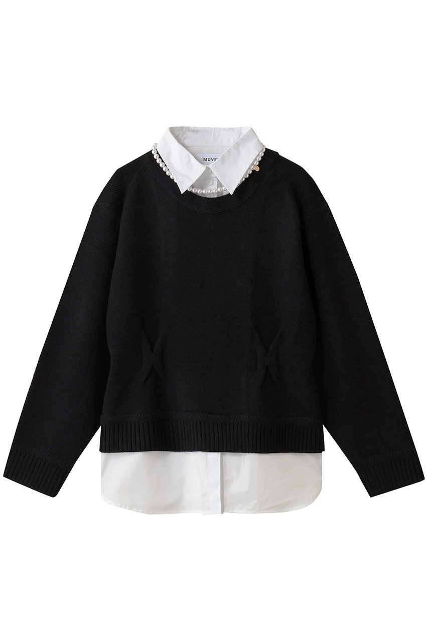 MUVEIL パールネックレス付きシャツニットプルオーバー (ブラック, 38) ミュベール ELLE SHOP MUVEIL パールネックレス付きシャツニットプルオーバー (ブラック, 38) ミュベール ELLE SHOP