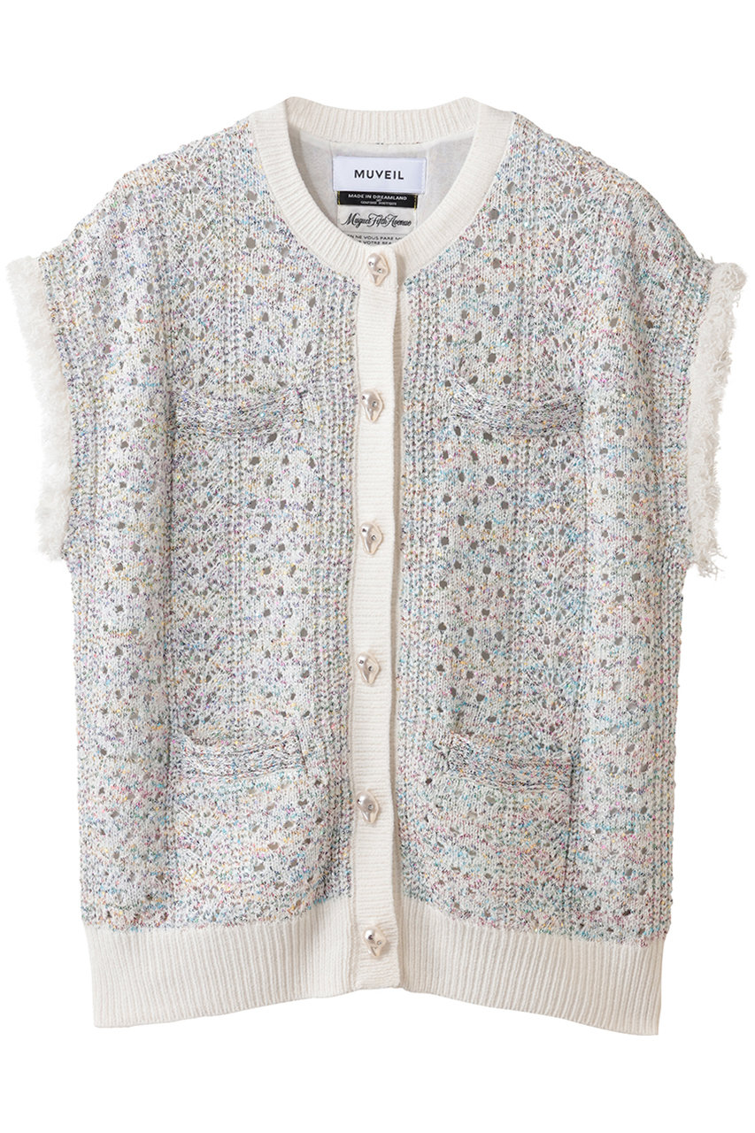 ミュベール/MUVEILのビジューボタン付きフリンジジレ(ホワイト/MA254KCD003)