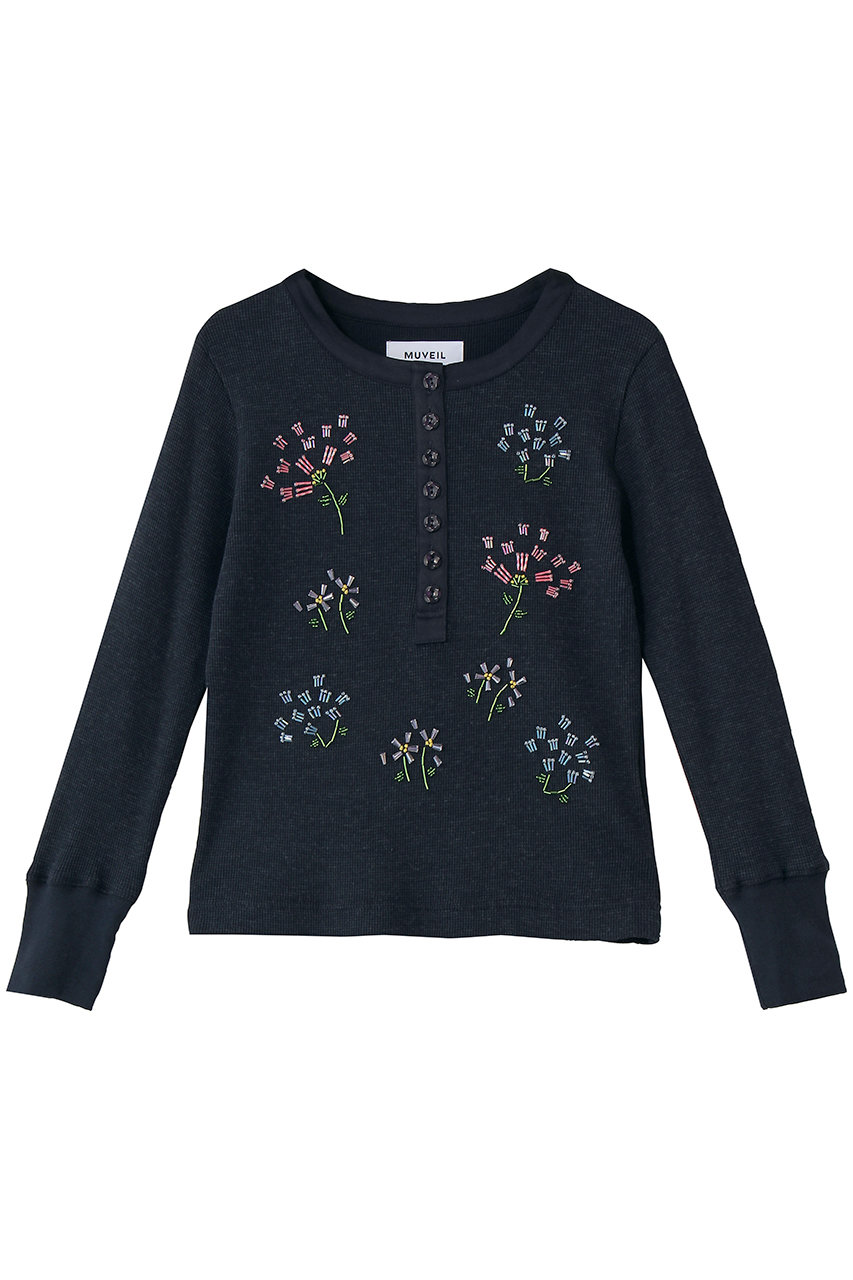 ミュベール/MUVEILのフラワービーズ刺しゅうサーマルカットソー(ネイビー/MA254UTS002)