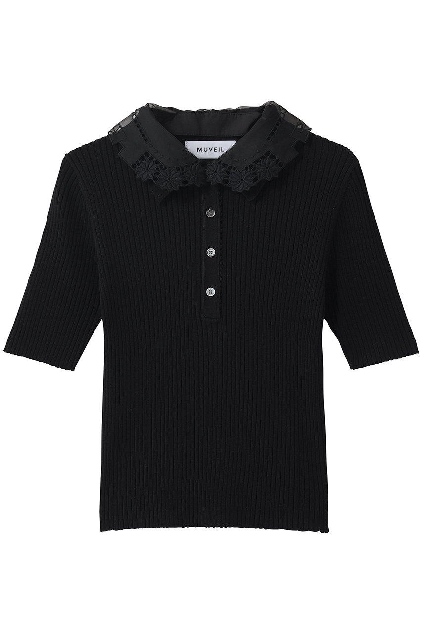 ミュベール/MUVEILのレースカラー付きポロプルオーバー(ブラック/MA261KSW003)