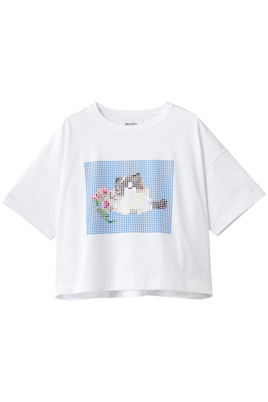 ミュベール/MUVEILのキャットプリント刺しゅうTシャツ(ホワイト/MA261UTS011)