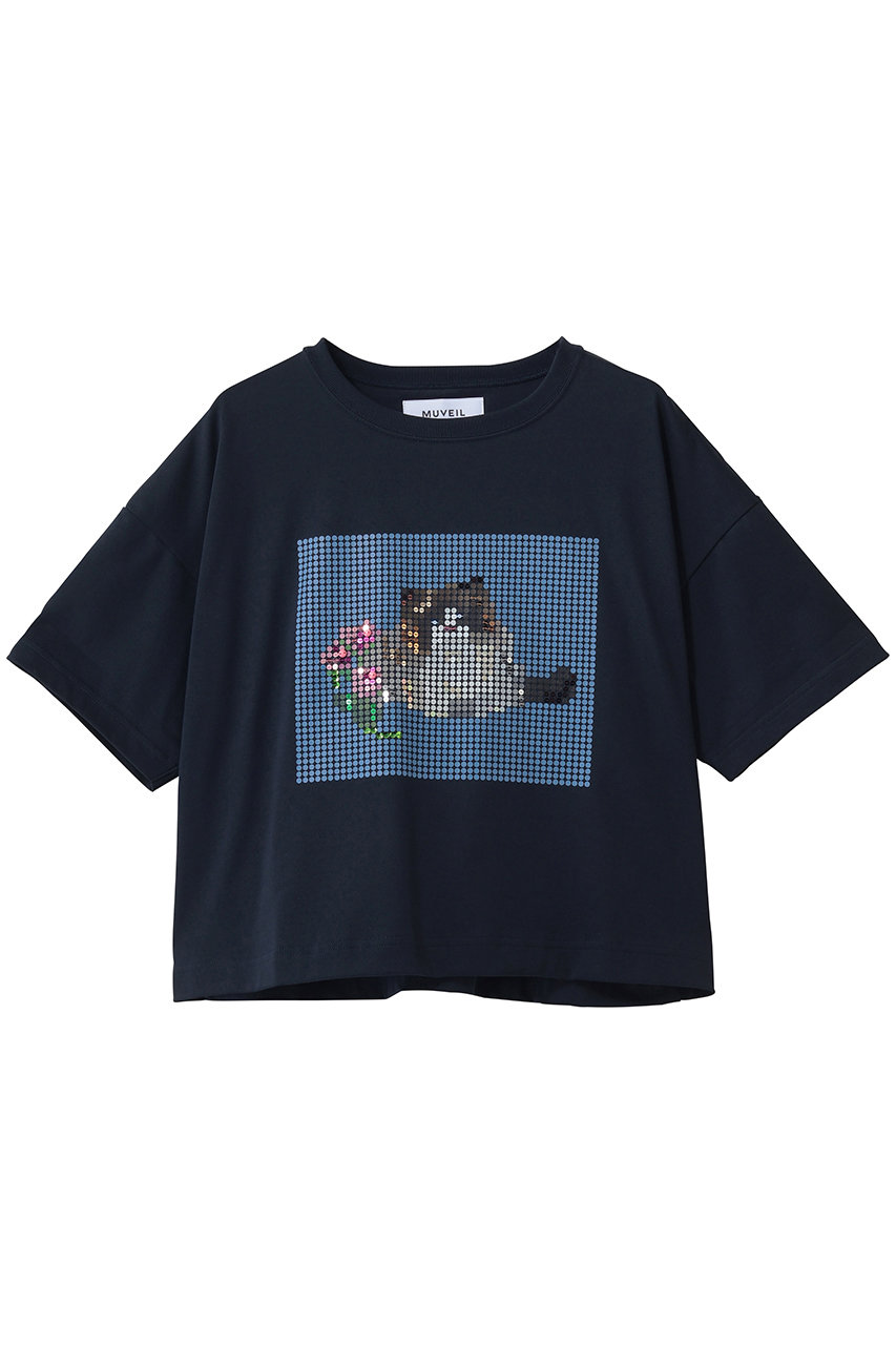 MUVEIL キャットプリント刺しゅうTシャツ (ネイビー, 38) ミュベール ELLE SHOP