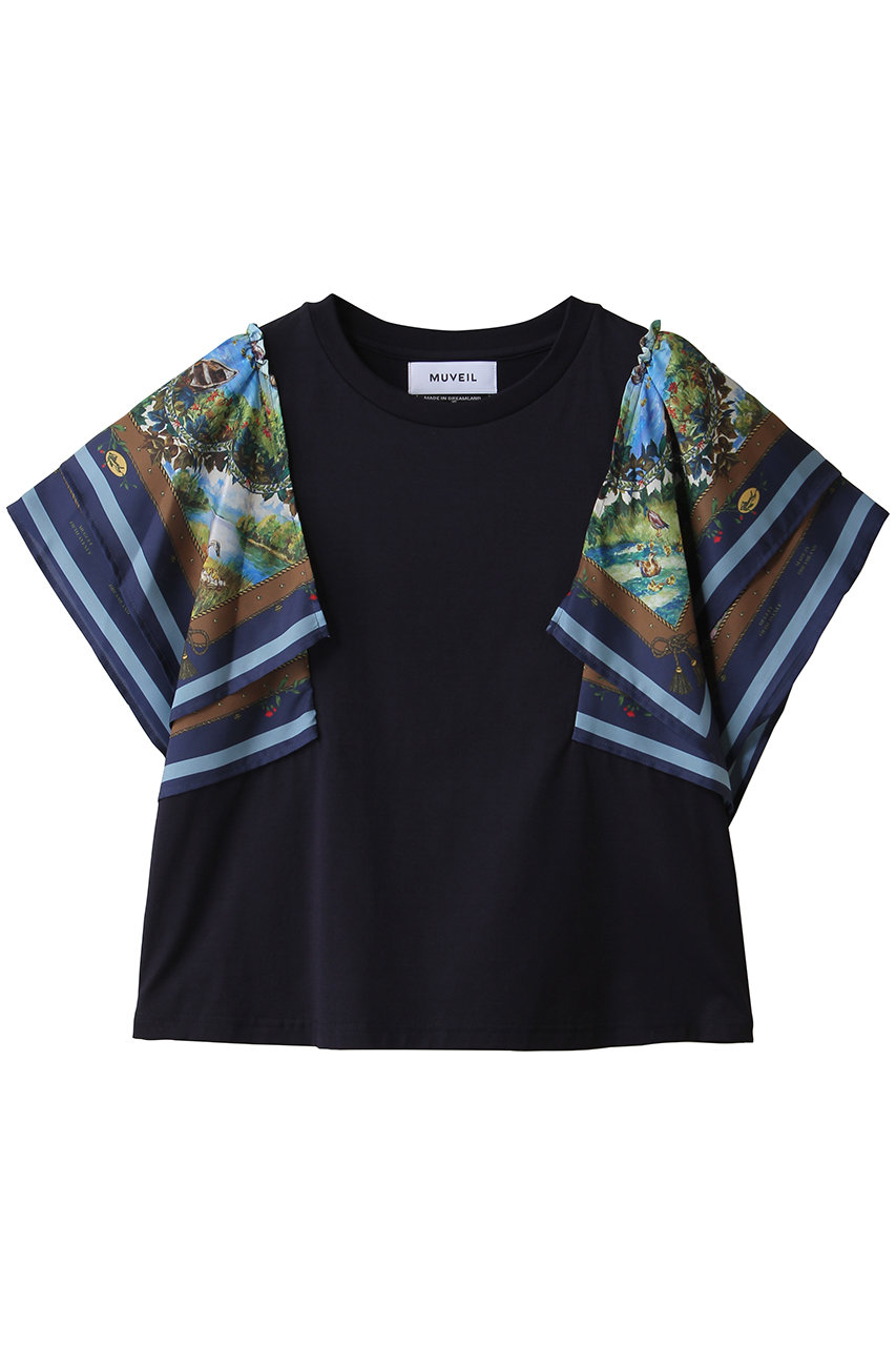 ミュベール/MUVEILのダック柄スカーフプリントTシャツ(ネイビー/MA263UTS007)