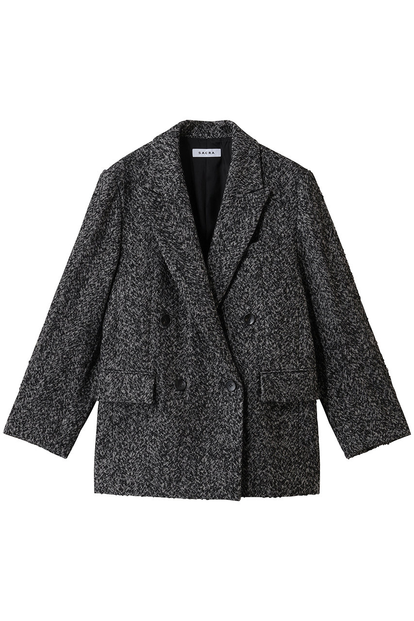 SACRA ヘリンボーンツイードジャケット (ブラック, 38) サクラ ELLE SHOP