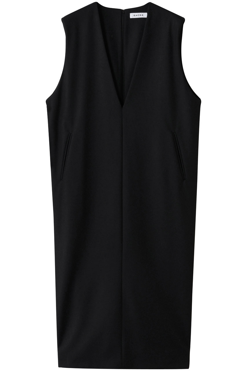 SACRA ハイカウントメルトンVネックワンピース (ブラック, 38) サクラ ELLE SHOP SACRA ハイカウントメルトンVネックワンピース (ブラック, 38) サクラ ELLE SHOP