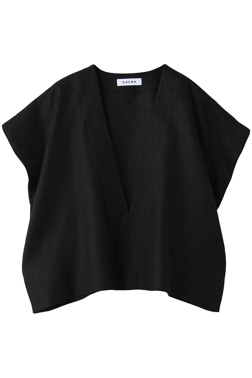 サクラ/SACRAのリネンディープVネックプルオーバー(ブラック/126212071)