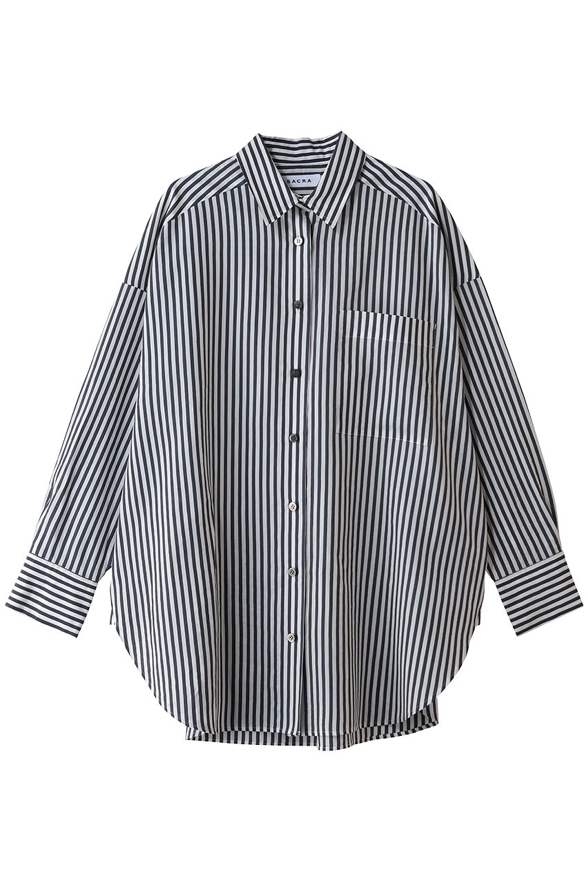 SACRA セルロースブロックストライプロングスリーブシャツ (ネイビー, 38) サクラ ELLE SHOP