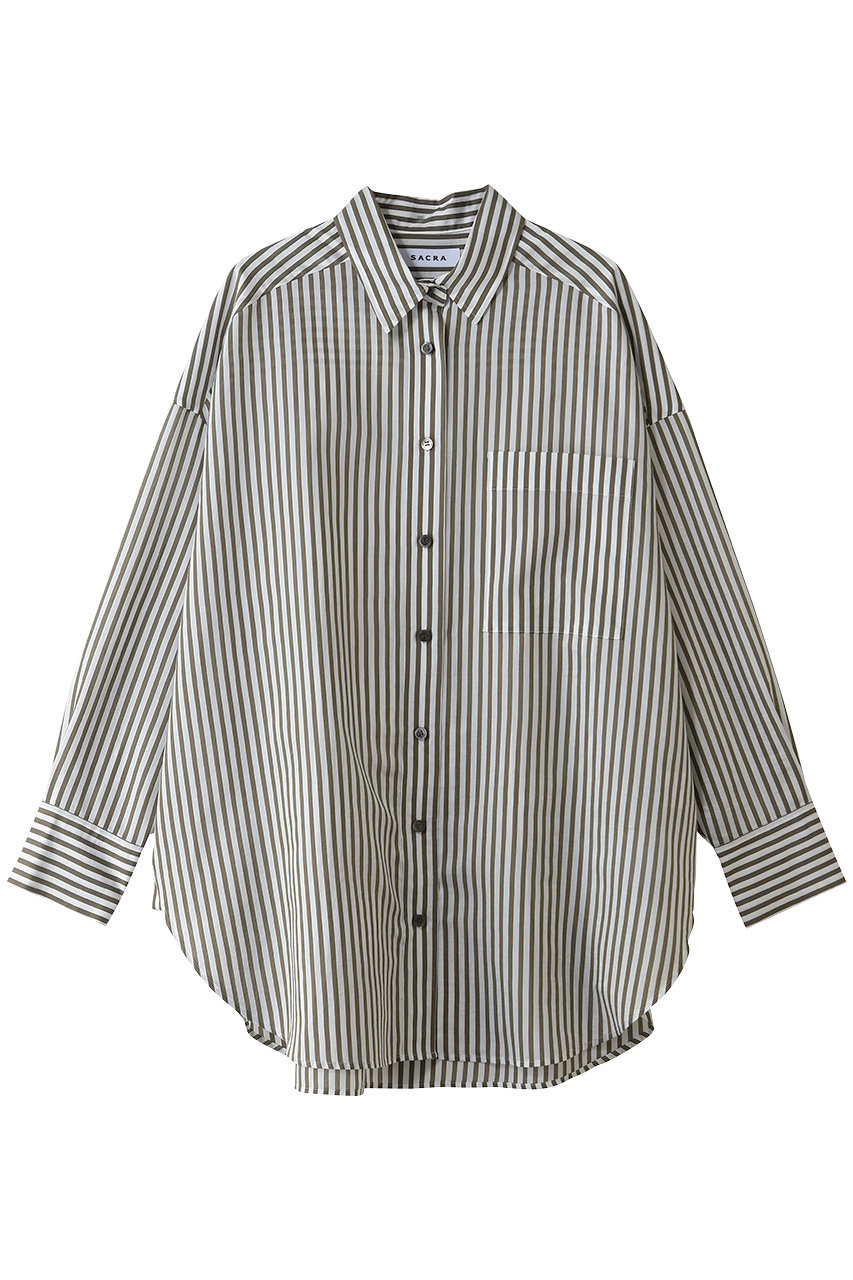 SACRA セルロースブロックストライプロングスリーブシャツ (カーキ, 38) サクラ ELLE SHOP
