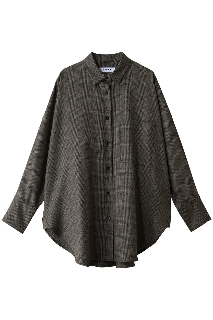 SACRA グレンチェックサキソニーロングスリーブシャツ (モカ, 38) サクラ ELLE SHOP