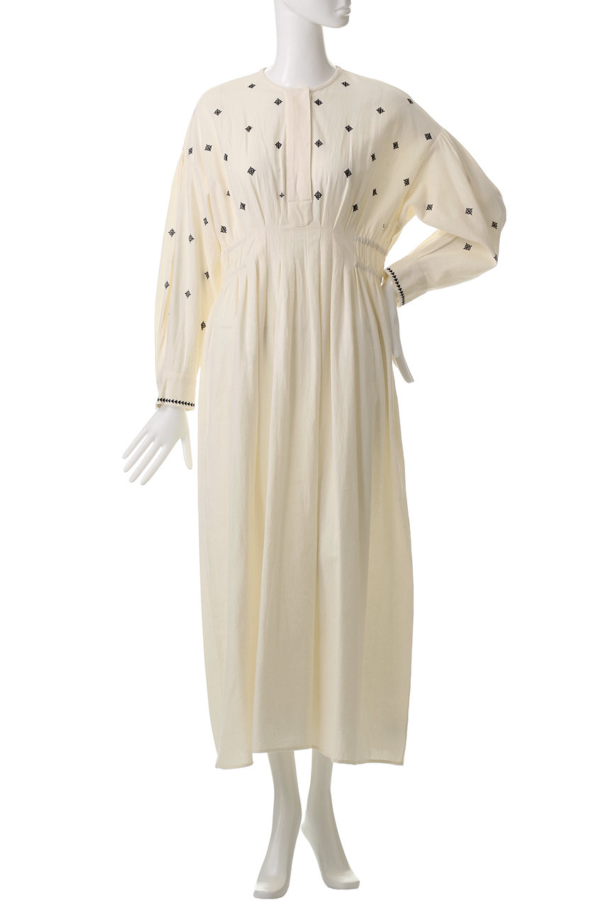 2024 ヌキテパ　クリンプコットン　エンブロイダリー　フレア　カフドレス　綿 Cotton Gauze Leaf Embroidery Yoke Dress | Pasand by ne