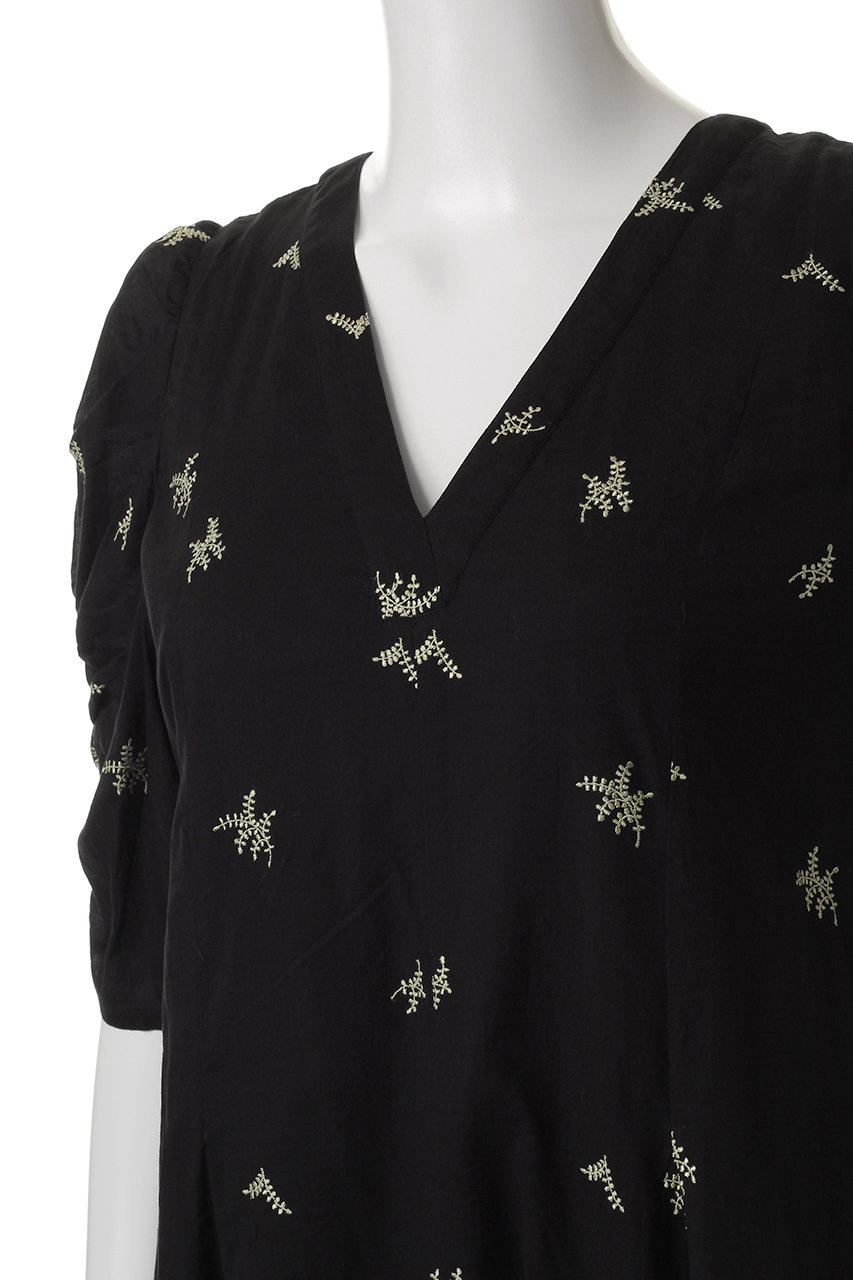 ヌキテパ　ギャザースリーブドレス　黒 ne Quittez pas(ヌキテパ)｜COTTON VOILE DOT LEAF 刺しゅう