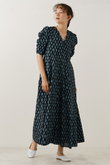 COTTON VOILE ETHNIC プリントギャザースリーブドレス