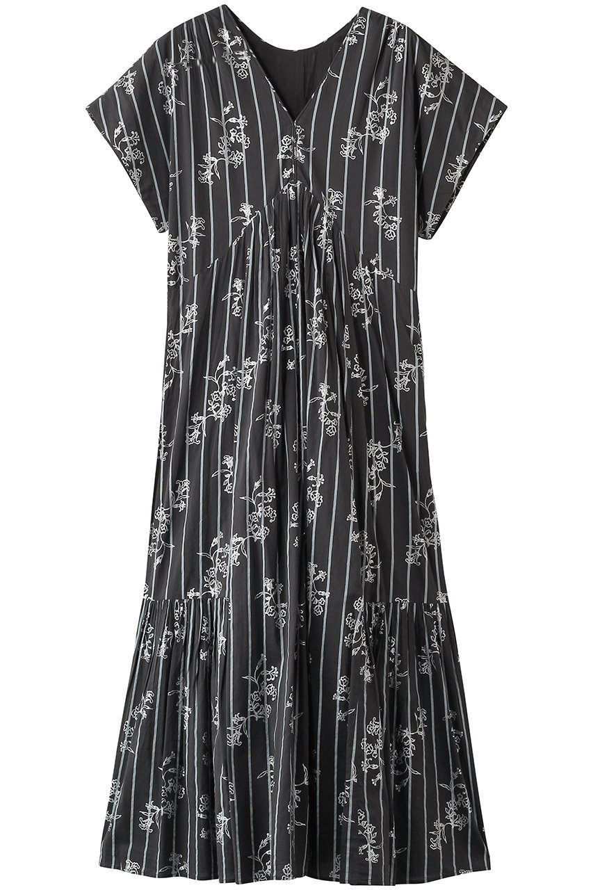 ヌキテパ/ne Quittez pasのCotton Voile Stripe Anemone Foil Print フレンチスリーブドレス(チャコール/010561WS2)
