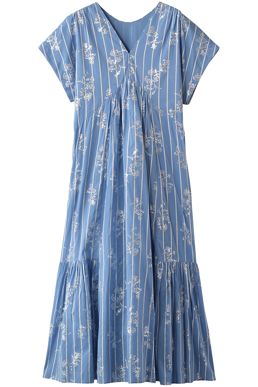 ヌキテパ/ne Quittez pasのCotton Voile Stripe Anemone Foil Print フレンチスリーブドレス(ブルー/010561WS2)