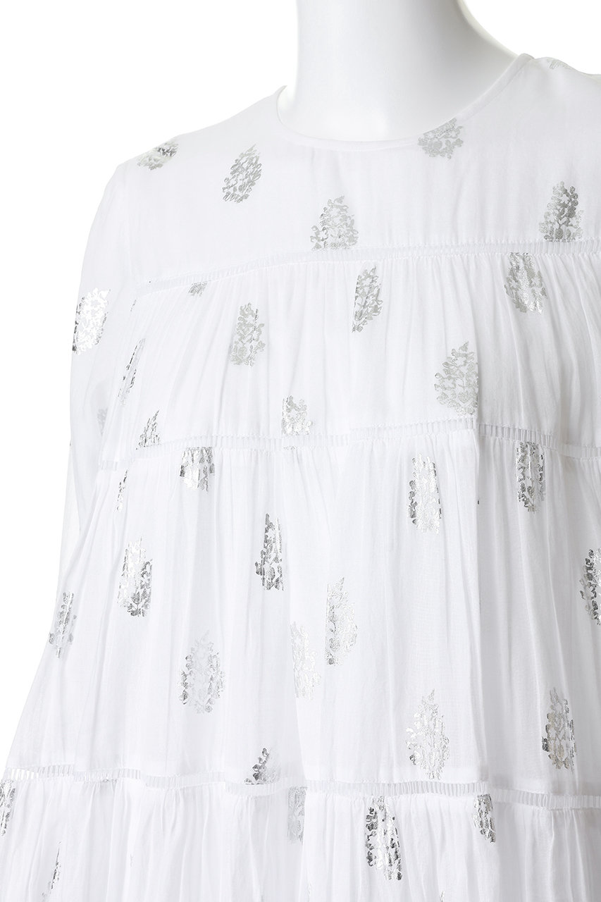 美品✨ ヌキテパ コットンボイルホイルプリントティアードワンピース 膝丈 白 ne Quittez pas(ヌキテパ)｜Cotton Voile Foil Flower Print