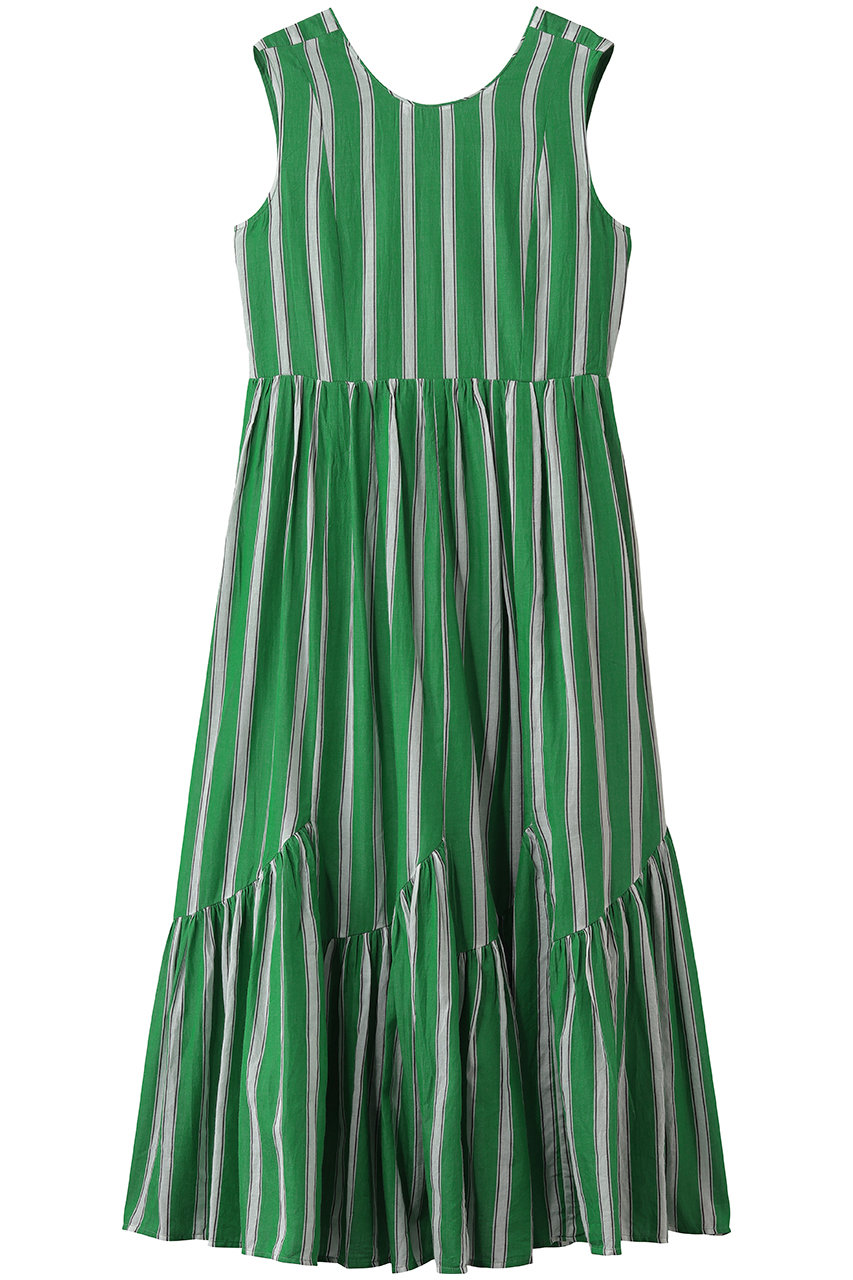 ヌキテパ/ne Quittez pasのCotton Voile Stripe ノースリーブ スラント パネル ドレス(グリーン/010561WQ1)