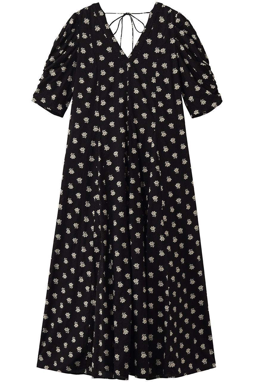 ヌキテパ/ne Quittez pasのCotton Dobby Stripe Anemone Print ギャザースリーブドレス(ブラック/010461WZ1)