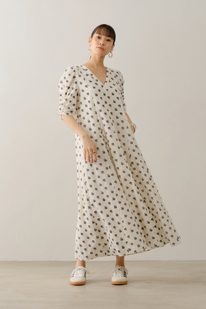 ヌキテパ/ne Quittez pasのCotton Dobby Stripe Anemone Print ギャザースリーブドレス(110500/110503)