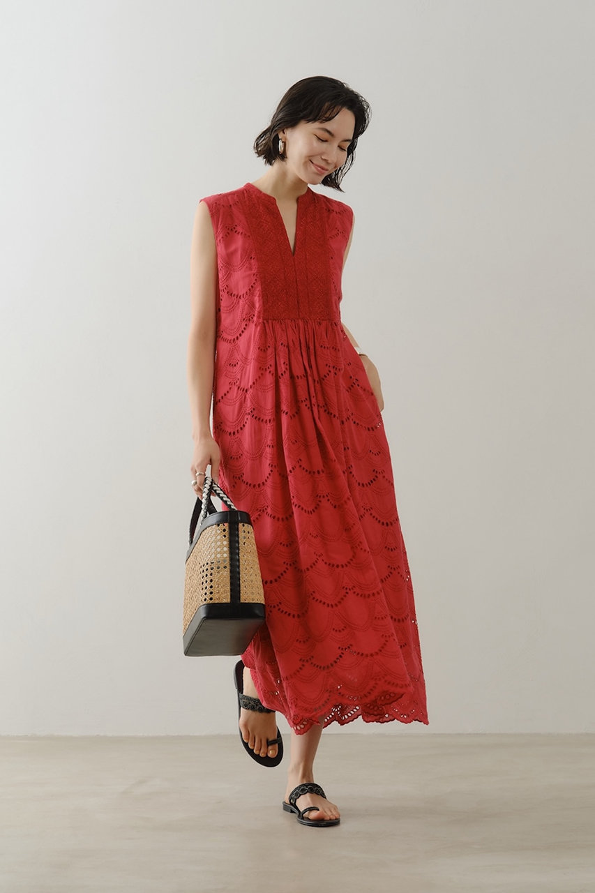 3608y美品 ヌキテパ ノースリーブフリルネックロングワンピース 赤 綿 ne Quittez pas(ヌキテパ)｜COTTON VOILE DOT HEMLA ノースリーブ