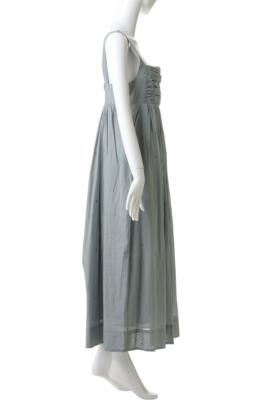 ヌキテパ コットン ドビーストライプ エンブ スリーブレス ドレス　グリーン 未使用級ꕥヌキテパ ドビーストライプフラワースリーブレス