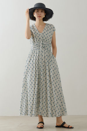 ヌキテパ/ne Quittez pasのCotton Jacquard Stripe Small Flower Print ノースリーブウエストギャザードレス(110500/110503)