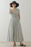 Cotton Jacquard Stripe Small Flower Print ノースリーブウエストギャザードレス