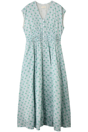 ヌキテパ/ne Quittez pasのCotton Jacquard Stripe Small Flower Print ノースリーブウエストギャザードレス(110500/110503)