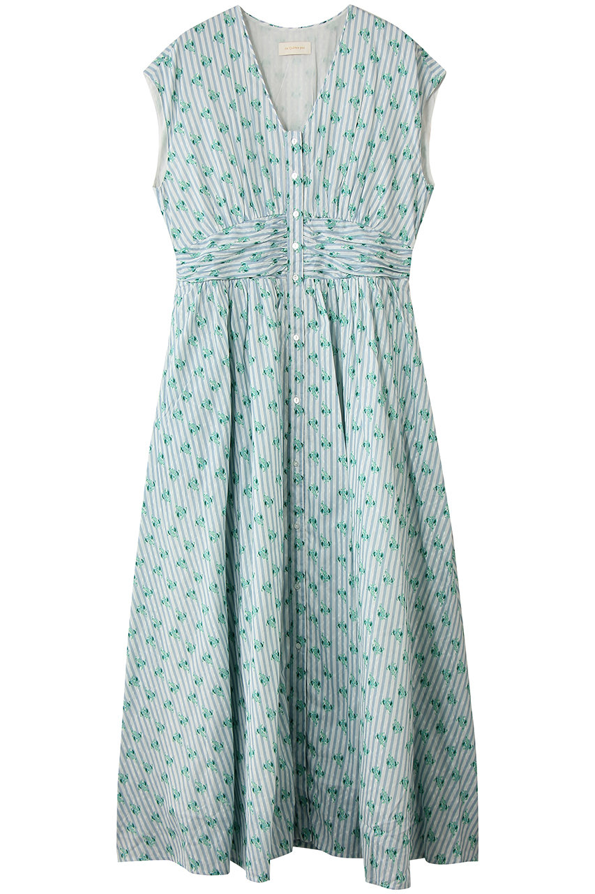 ヌキテパ/ne Quittez pasのCotton Jacquard Stripe Small Flower Print ノースリーブウエストギャザードレス(グリーン/010561WX2)