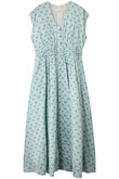 Cotton Jacquard Stripe Small Flower Print ノースリーブウエストギャザードレス