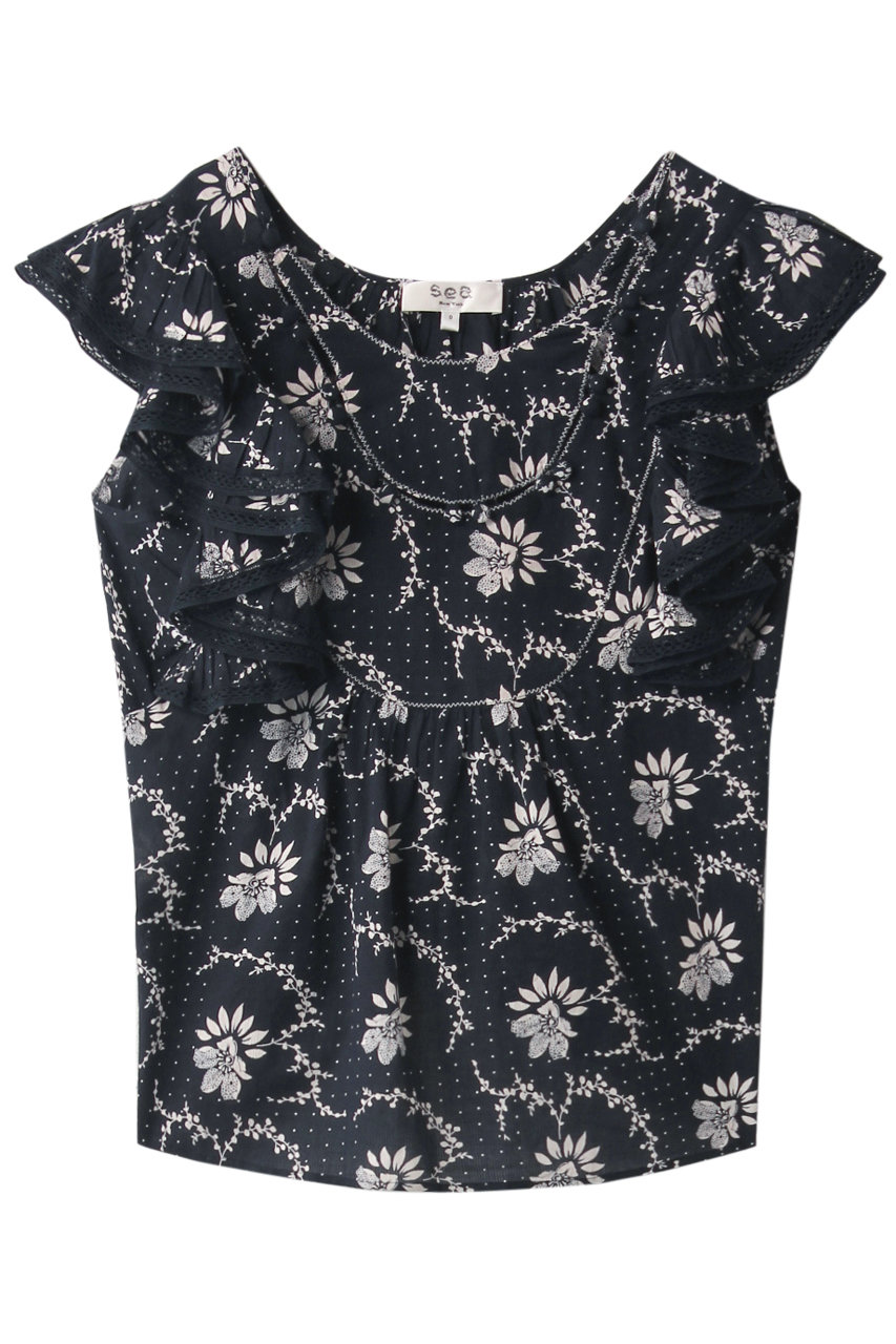 SALE 【40%OFF】 Sea New York シー ニューヨーク プリントラッフルノースリーブブラウス ネイビーマルチ