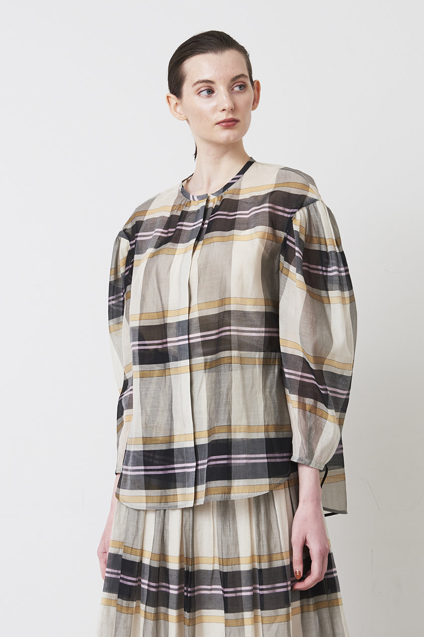 Designworks デザインワークス コットンシルクオーガンジーチェックブラウス ベージュ の通販 Elleshop エル ショップ
