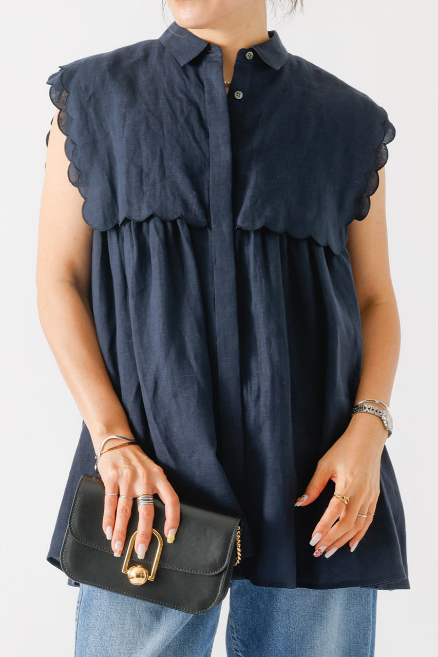 DESIGNWORKS リネンスカラップノースリーブシャツ (ネイビー, 38) デザインワークス ELLE SHOP DESIGNWORKS リネンスカラップノースリーブシャツ (ネイビー, 38) デザインワークス ELLE SHOP