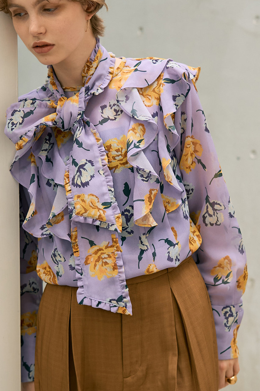 DESIGNWORKS フラワープリントリボン付きラッフルブラウス (ラベンダー, 38) デザインワークス ELLE SHOP