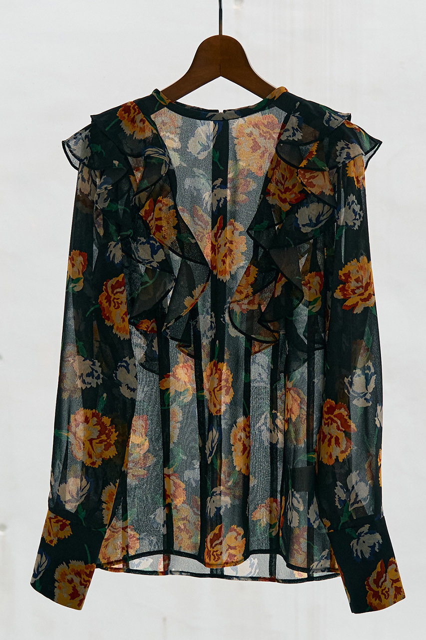DESIGNWORKS フラワープリントリボン付きラッフルブラウス (ブラック, 38) デザインワークス ELLE SHOP