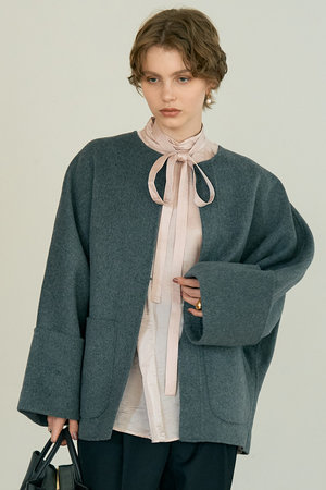 DESIGNWORKS デザインワークス バルーンカフスセーター 38 ブラック×グレージュ カシミヤウール×ポリエステル布帛