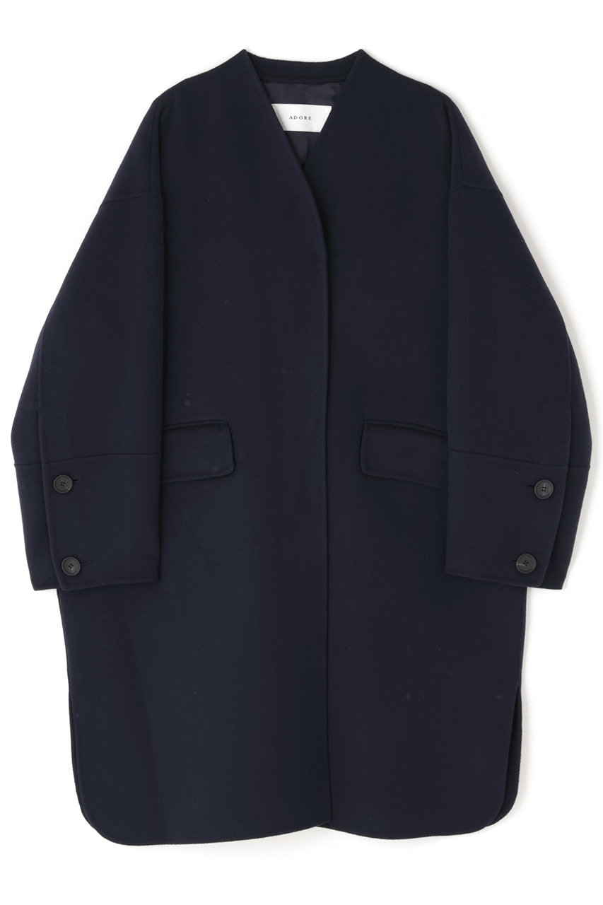ADORE ソリッドウールリバーノーカラーコート (ネイビー, ３８) アドーア ELLE SHOP