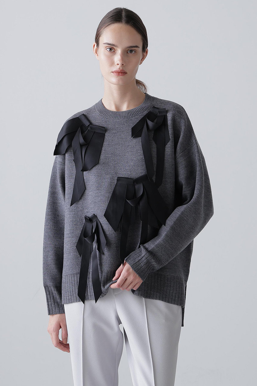 【ゆっぴー】ADORE アドーア リボン ボウタイ付ニット38フレアグレー ADORE(アドーア)｜リボンニット/グレー の通販｜ELLESHOP・(エル