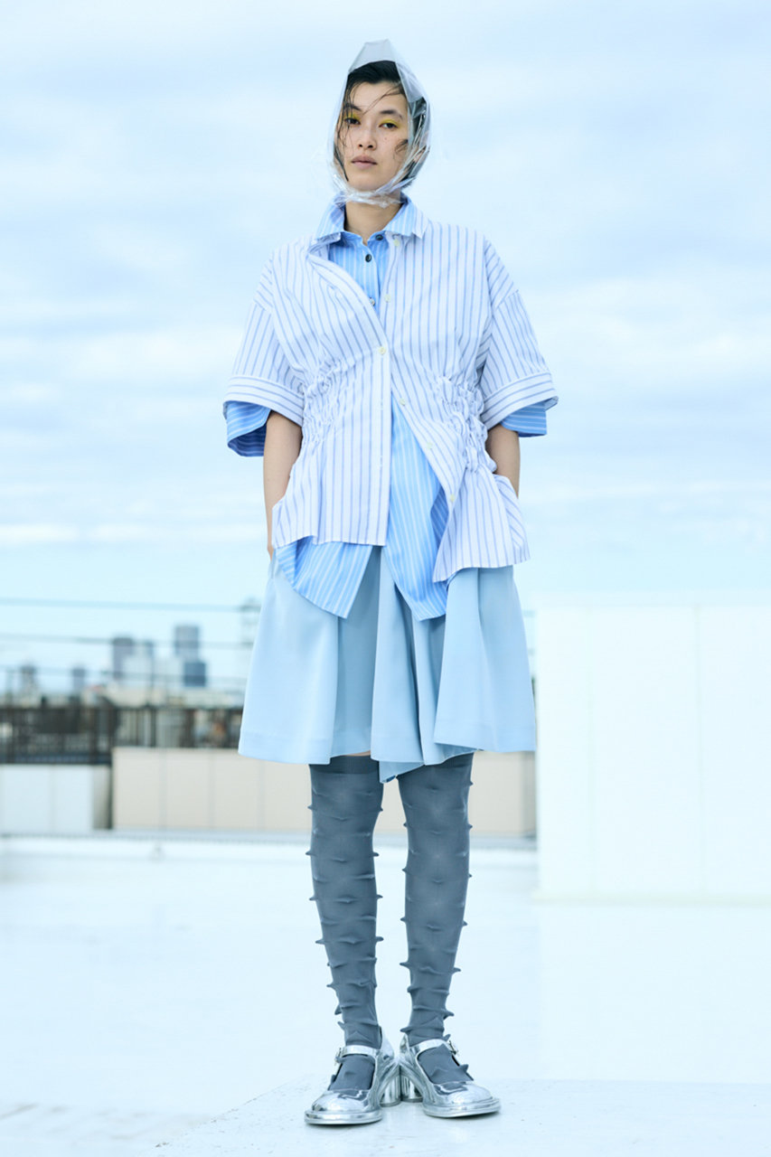 ENFOLD(エンフォルド)｜Double Stripe Shirring SH/シャツ/ホワイト の